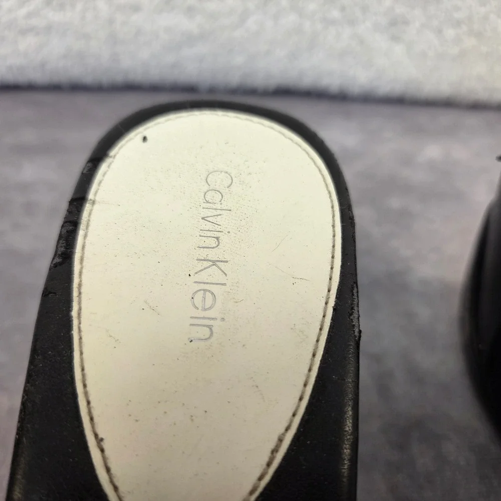 Calvin Klein Womens White Buckle Platform Wedge Slide Sandals Black Cutout Heel